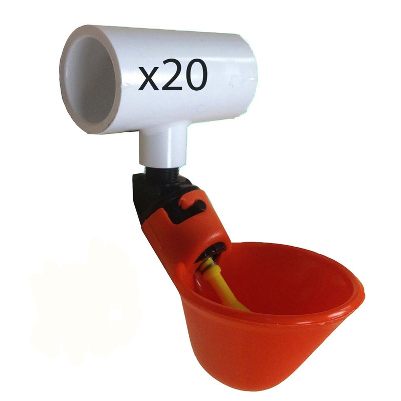 Twenty (20) Automatic Waterer Drinker Cups and PVC Tee Fitting Chicken Poultry